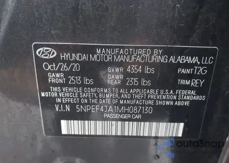 2021 Hyundai Sonata Sel из США, поврежденный, VIN 5NPEF4JA1MH087130